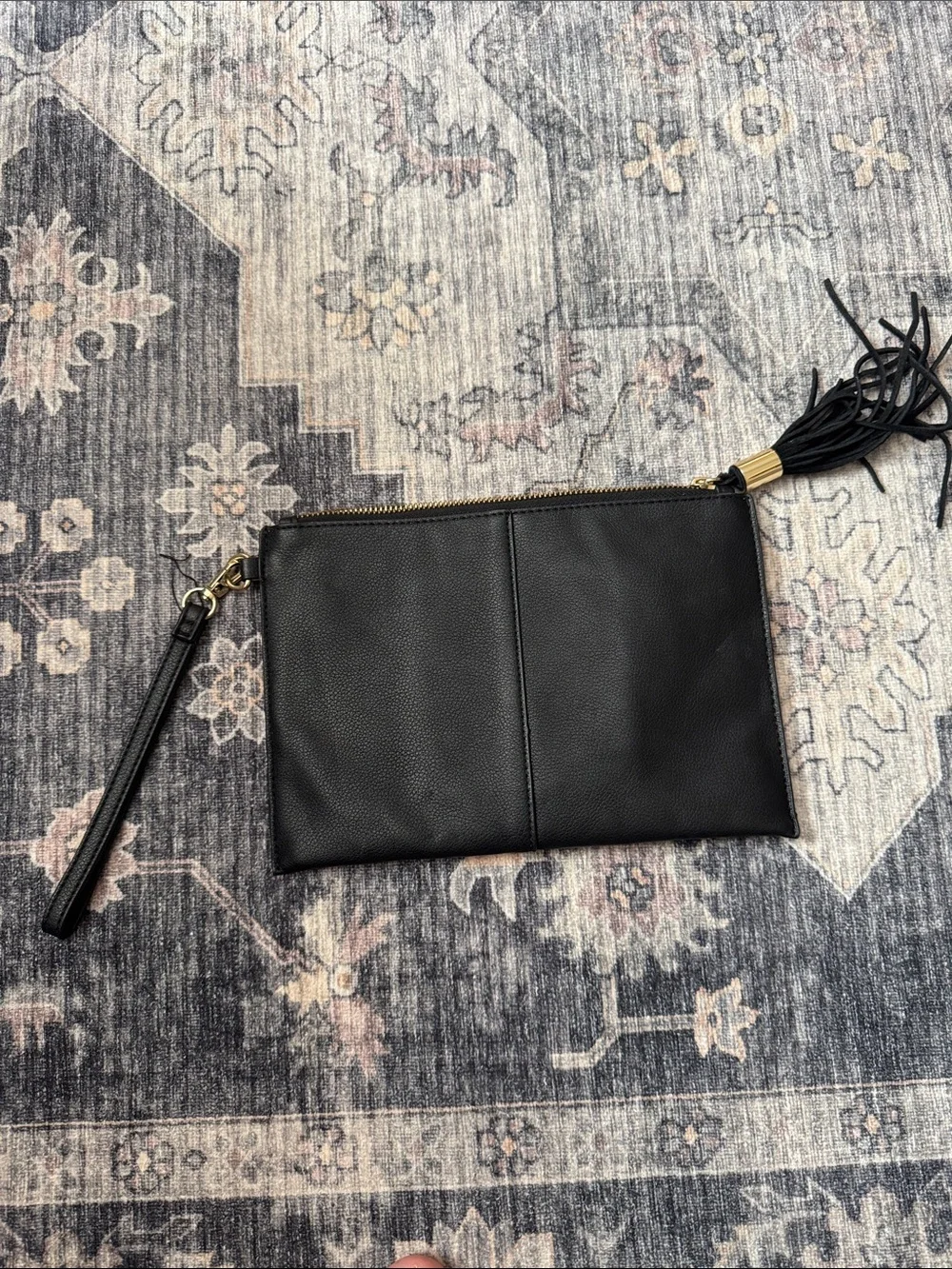 INC International Concepts Black Pebbled Leather Wristlet Clutch with Tassel